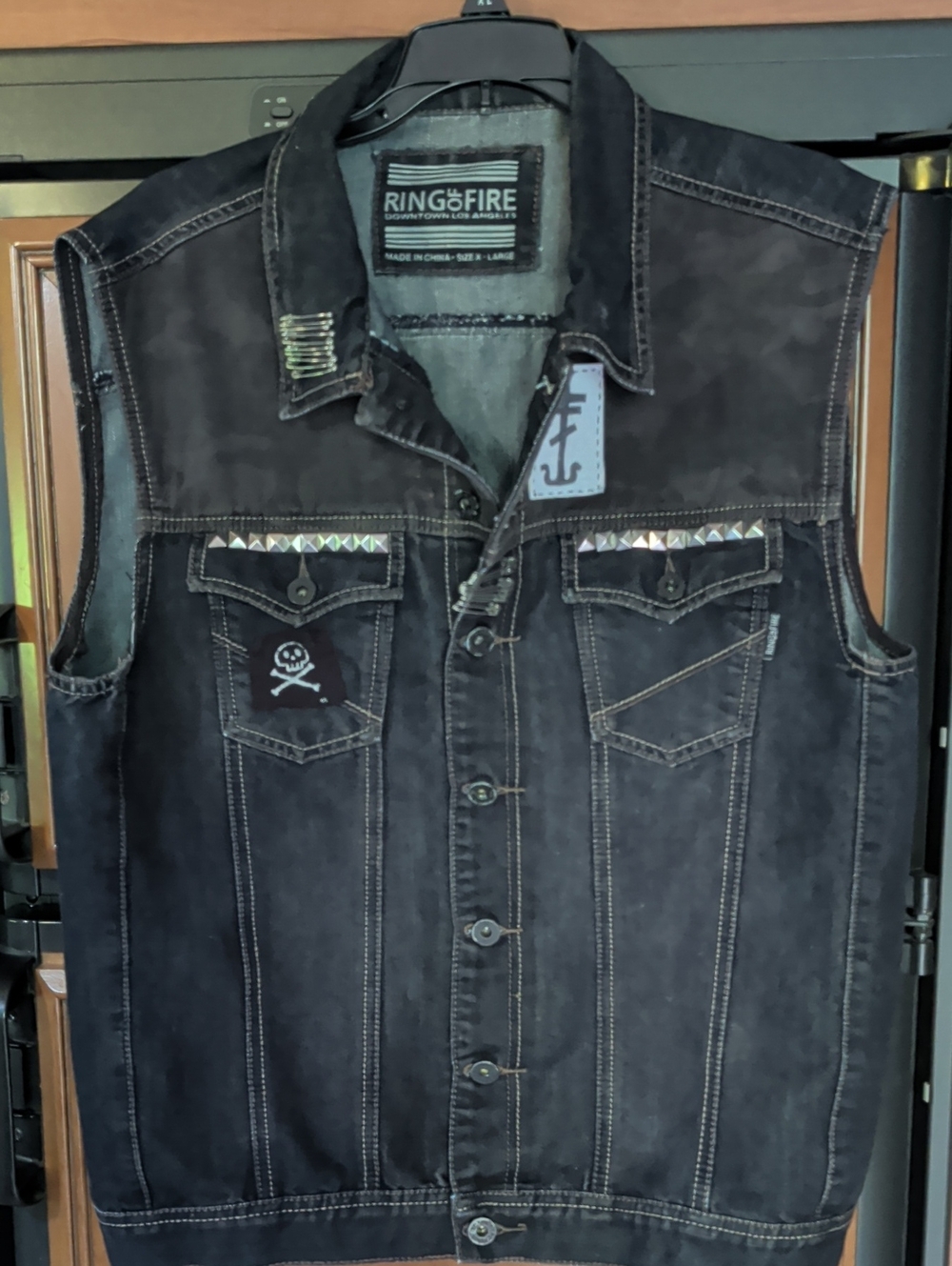 Ring of Fire Black Studded Denim Vest with Skull Pocket Patch